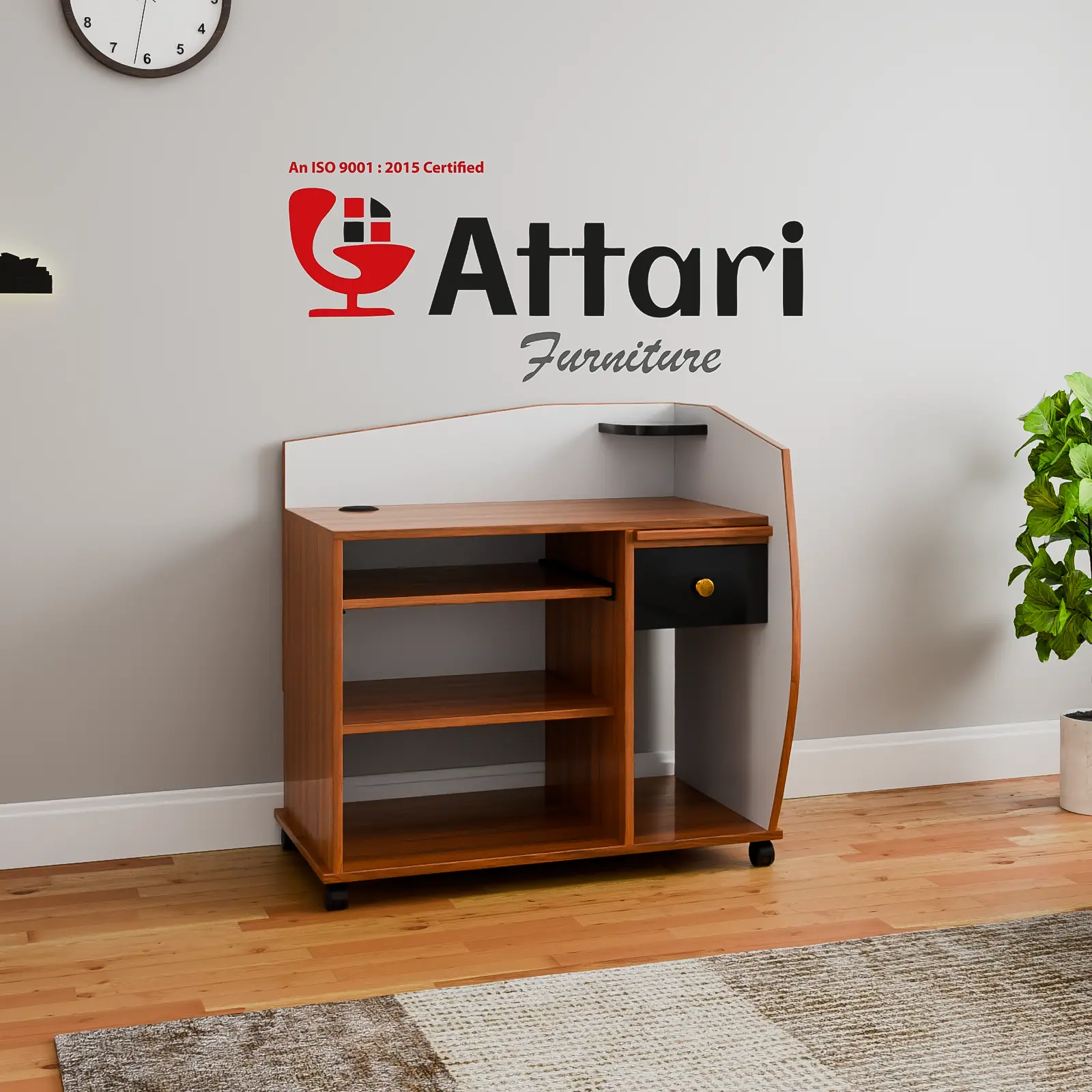 Attari Compact Wooden Computer Desk with Wheels & Drawer