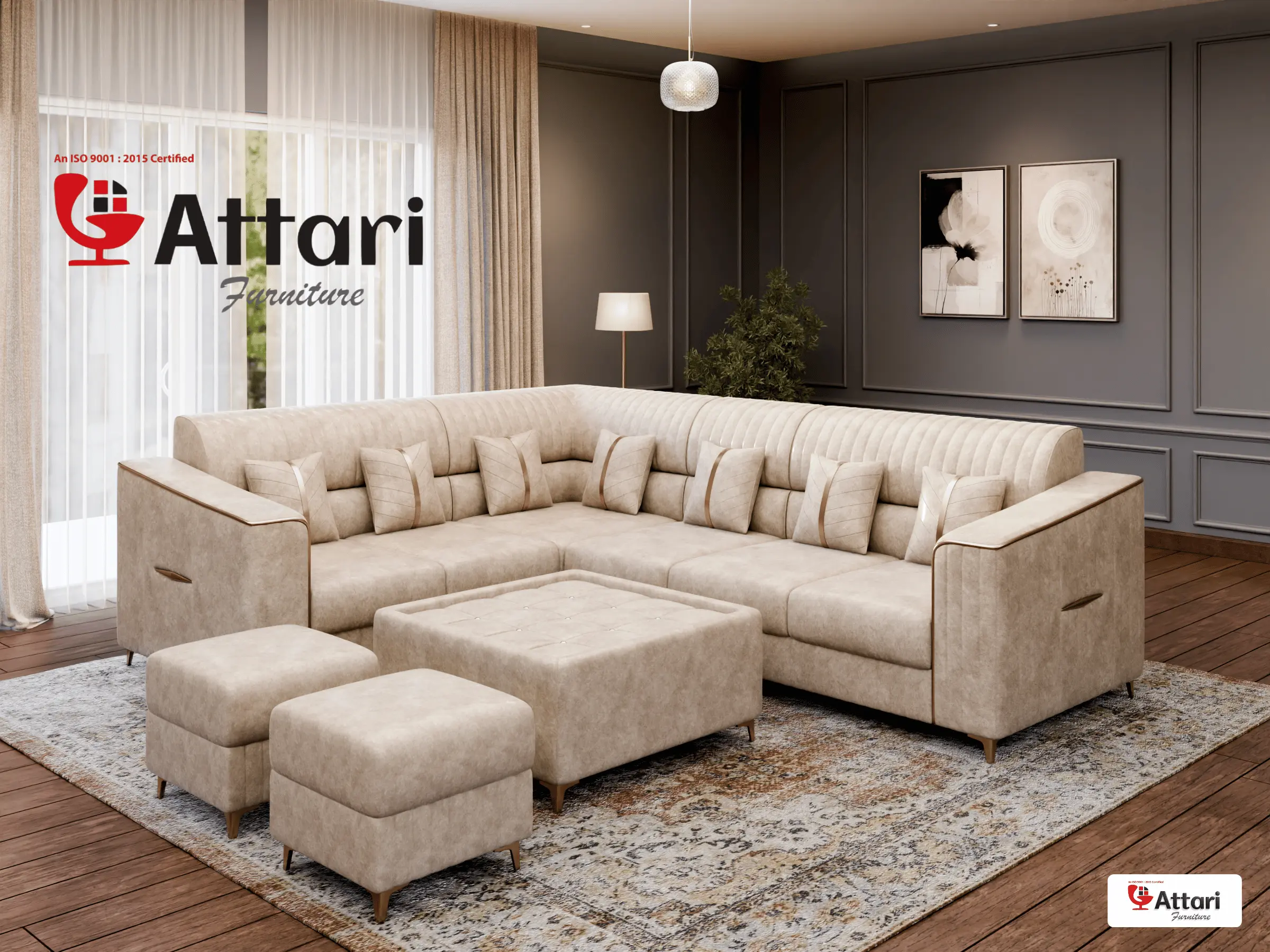 Attari Cream Velvet U Shaped Sectional Corner Sofa