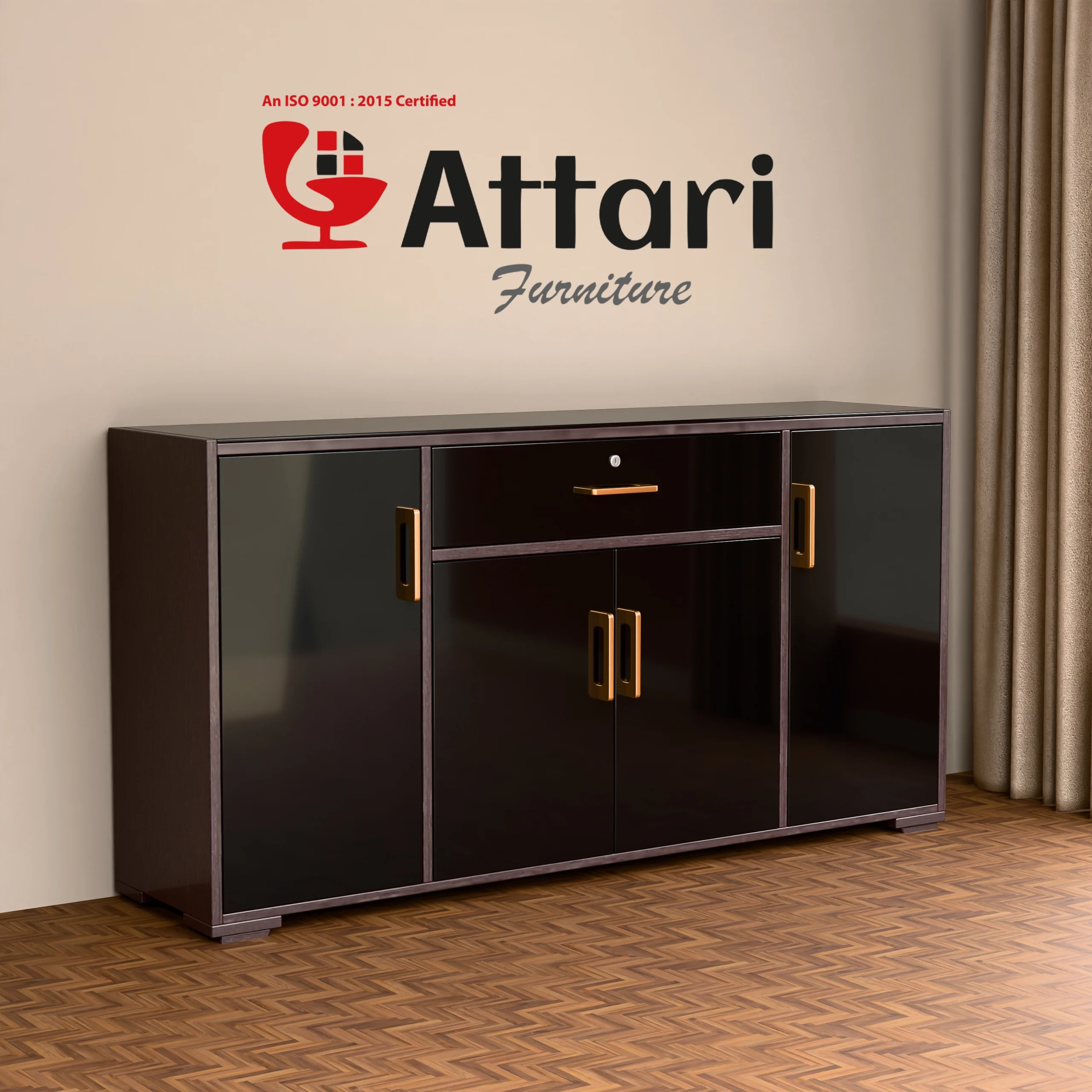 Attari Dark Brown Glossy Sideboard Cabinet with Four Doors