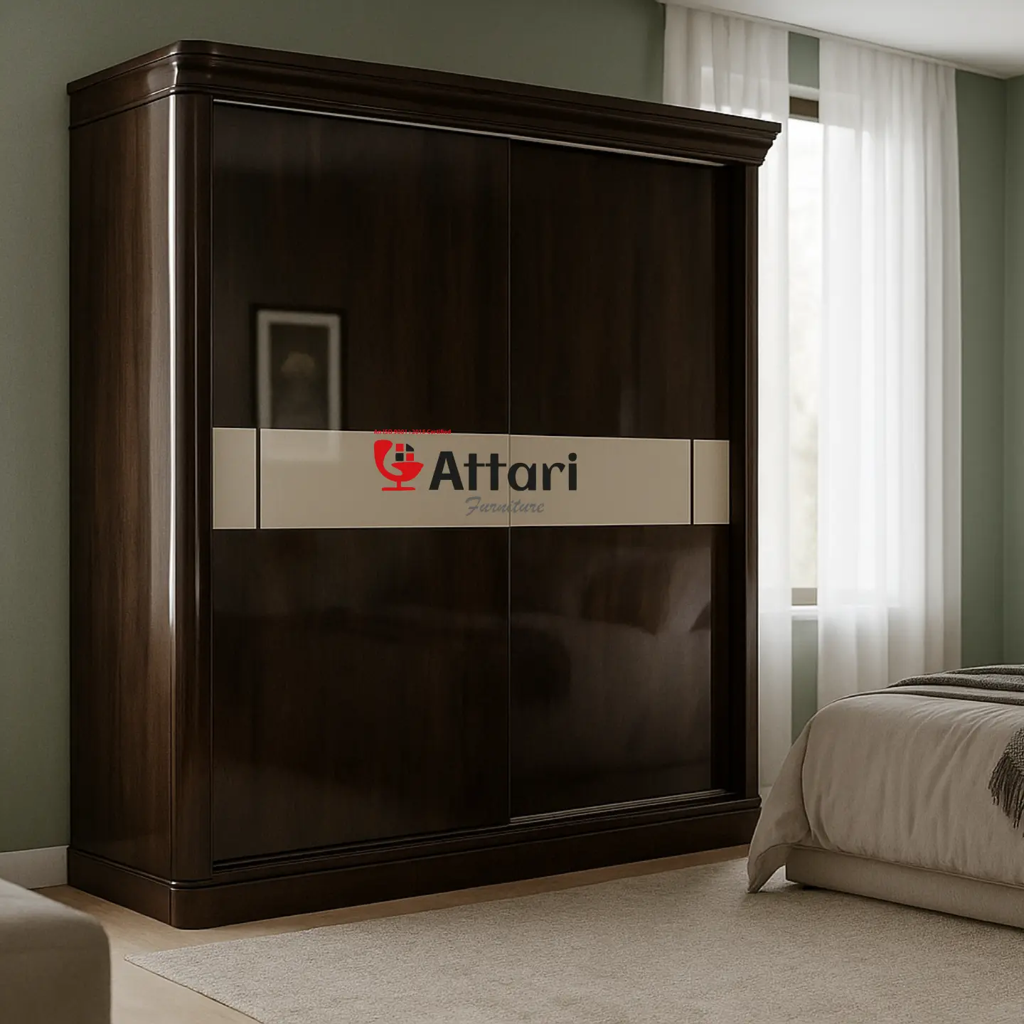 Attari Dark Brown Sliding Door Wardrobe Beige Band