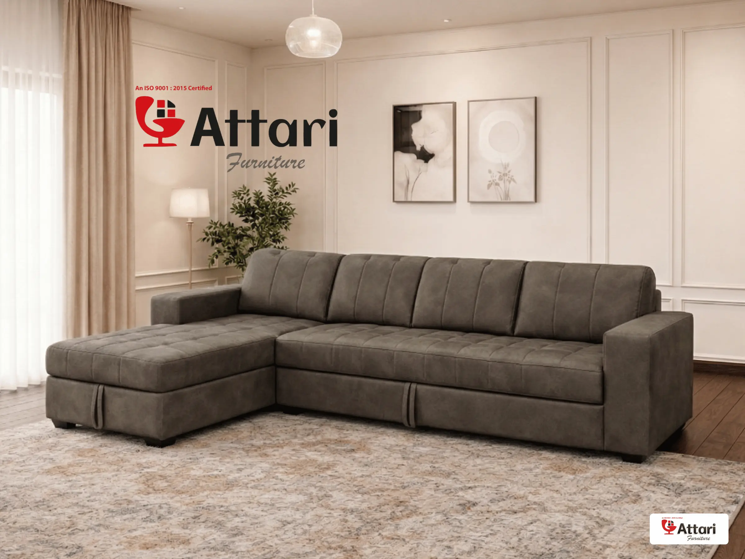Attari Dark Grey Fabric L Shaped Sectional Sofa Bed