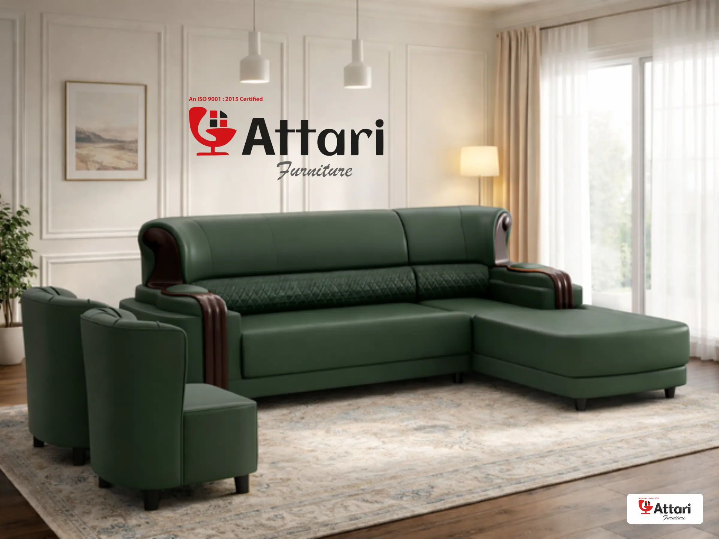 Attari Dark Olive Green Leatherette L Shaped Sofa