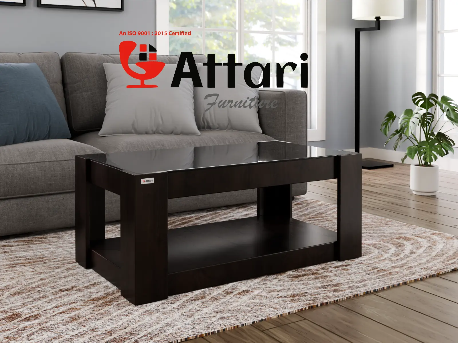 Attari Dark Wood Coffee Table Glass Top Lower Shelf