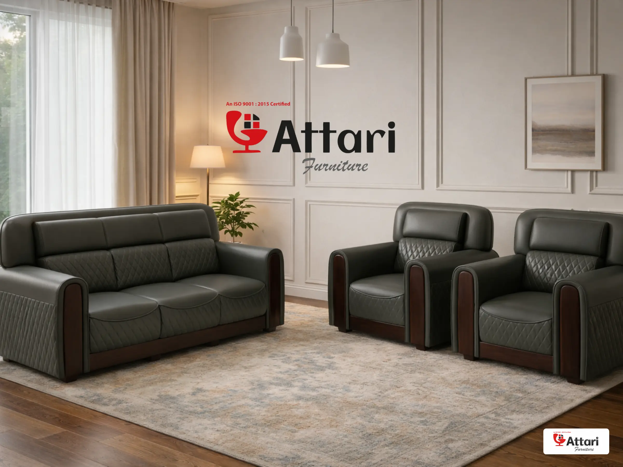 Attari Grey Green Leatherette Sofa Set Quilted Sides