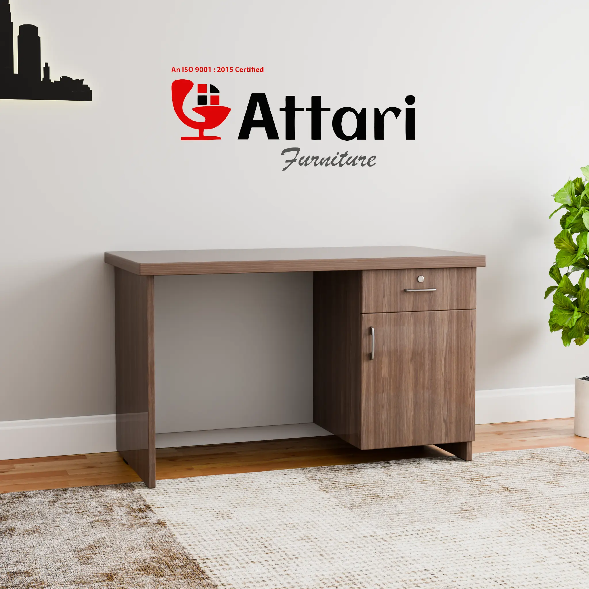 Attari Grey Wood Study Desk with Right Drawer Cabinet
