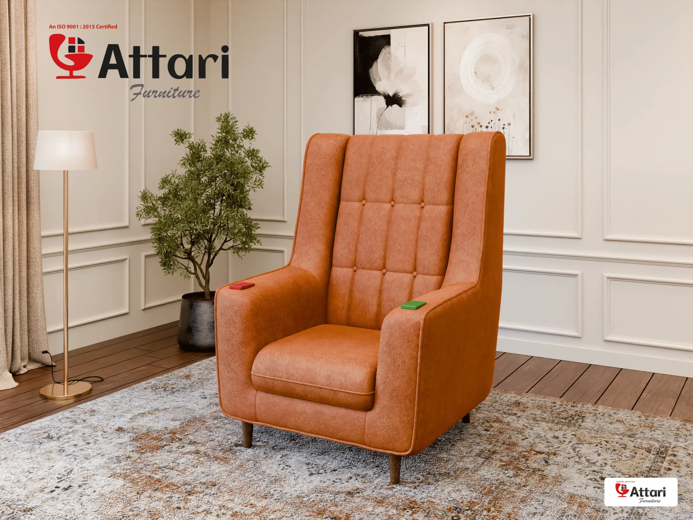 Attari High Back Wing Chair Tan Leatherette
