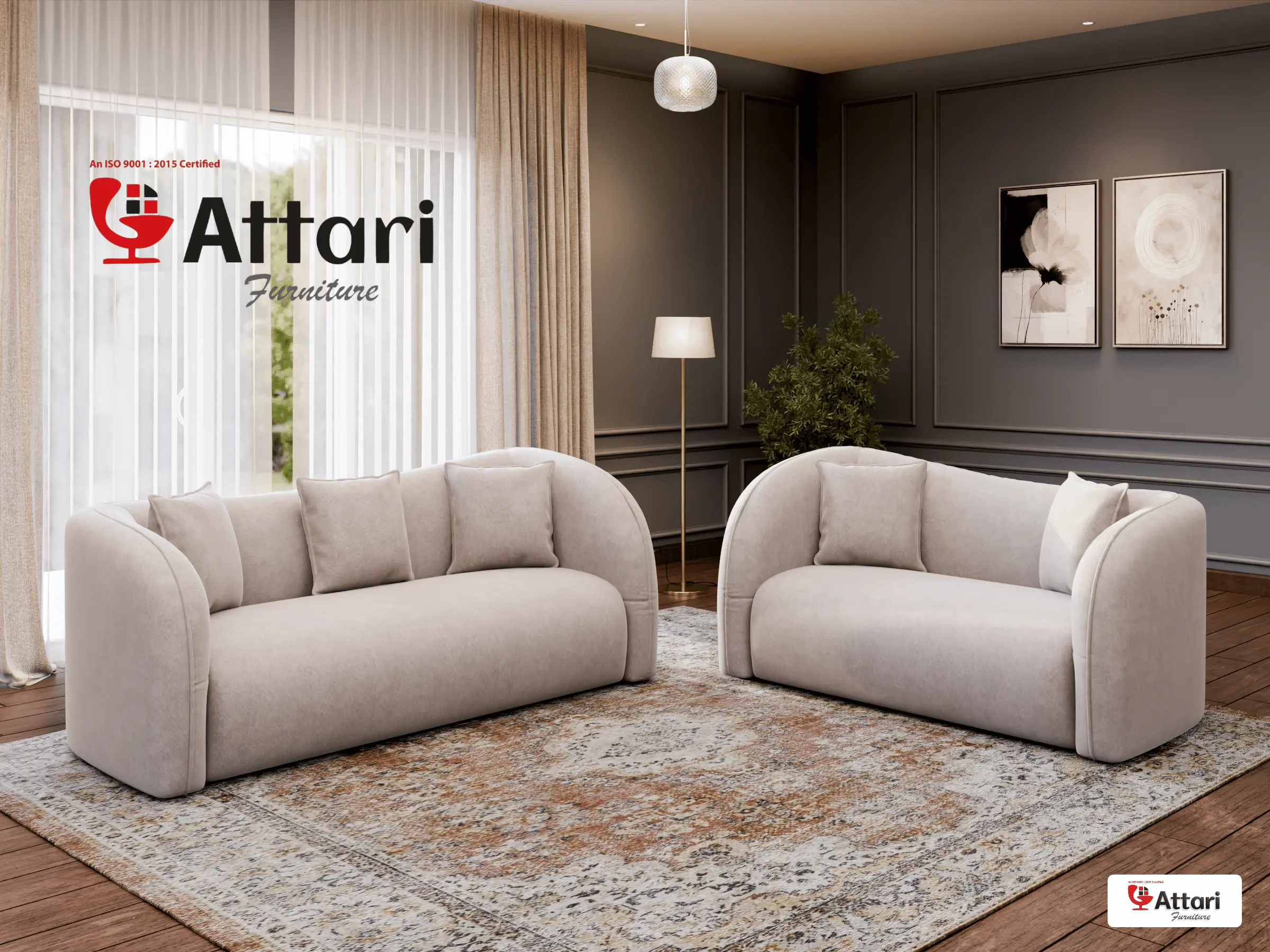 Attari Light Beige Fabric Sofa Set Barrel Back