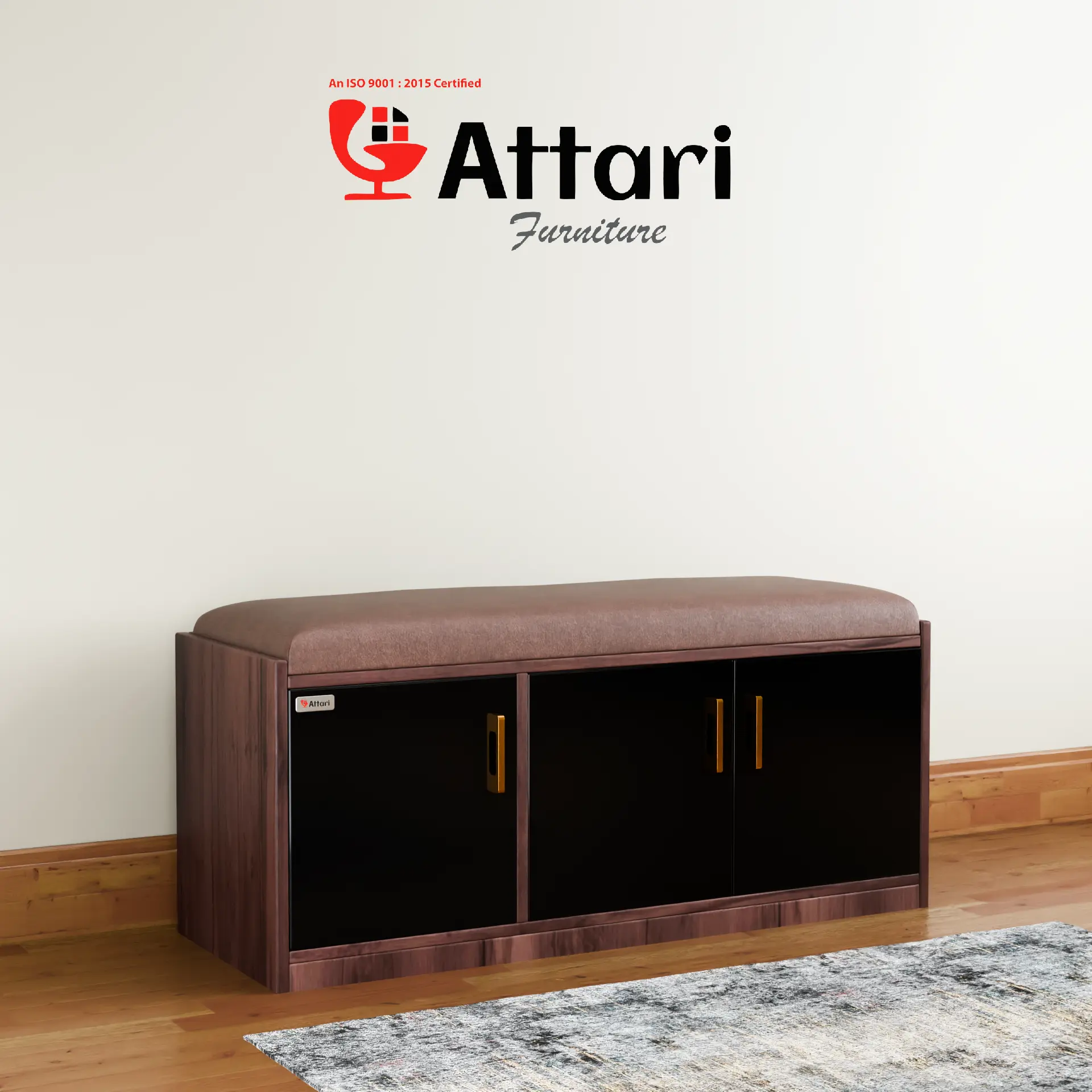 Attari Low Wood & Black Three Door Shoe Bench Cushion