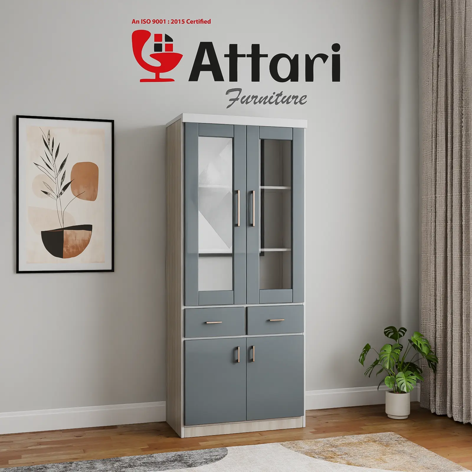 Attari Modern Blue Grey Bookshelf with Glass Doors & Drawers