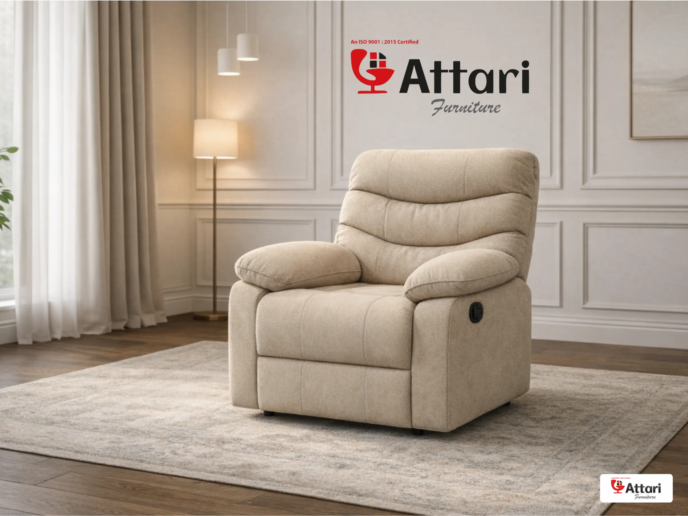Attari Plush Beige Fabric Manual Recliner Armchair