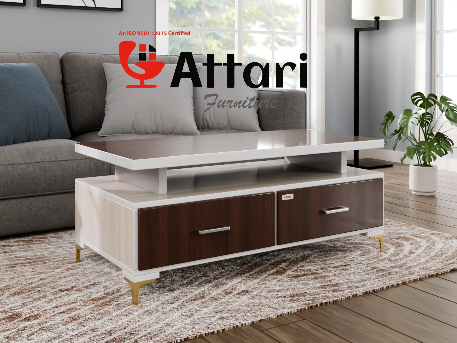 Attari Premium Coffee Table White & Wood Gold Legs