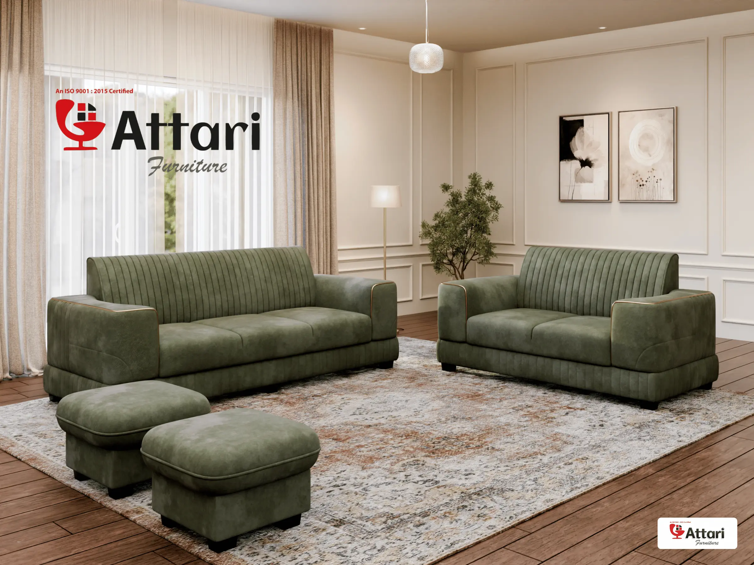 Attari Sage Green Fabric Sofa Set Footstools