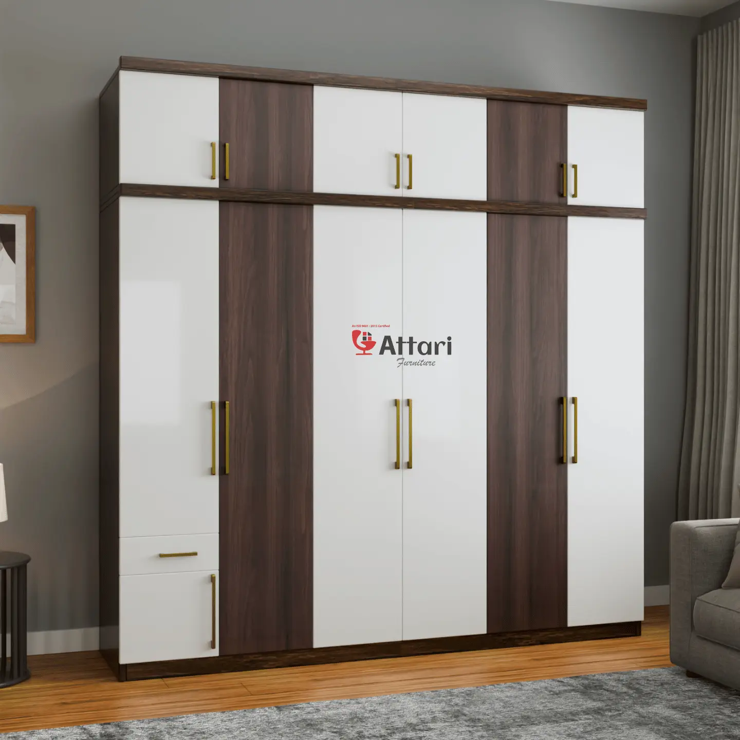 Attari Six Door Wardrobe White & Dark Wood with Loft
