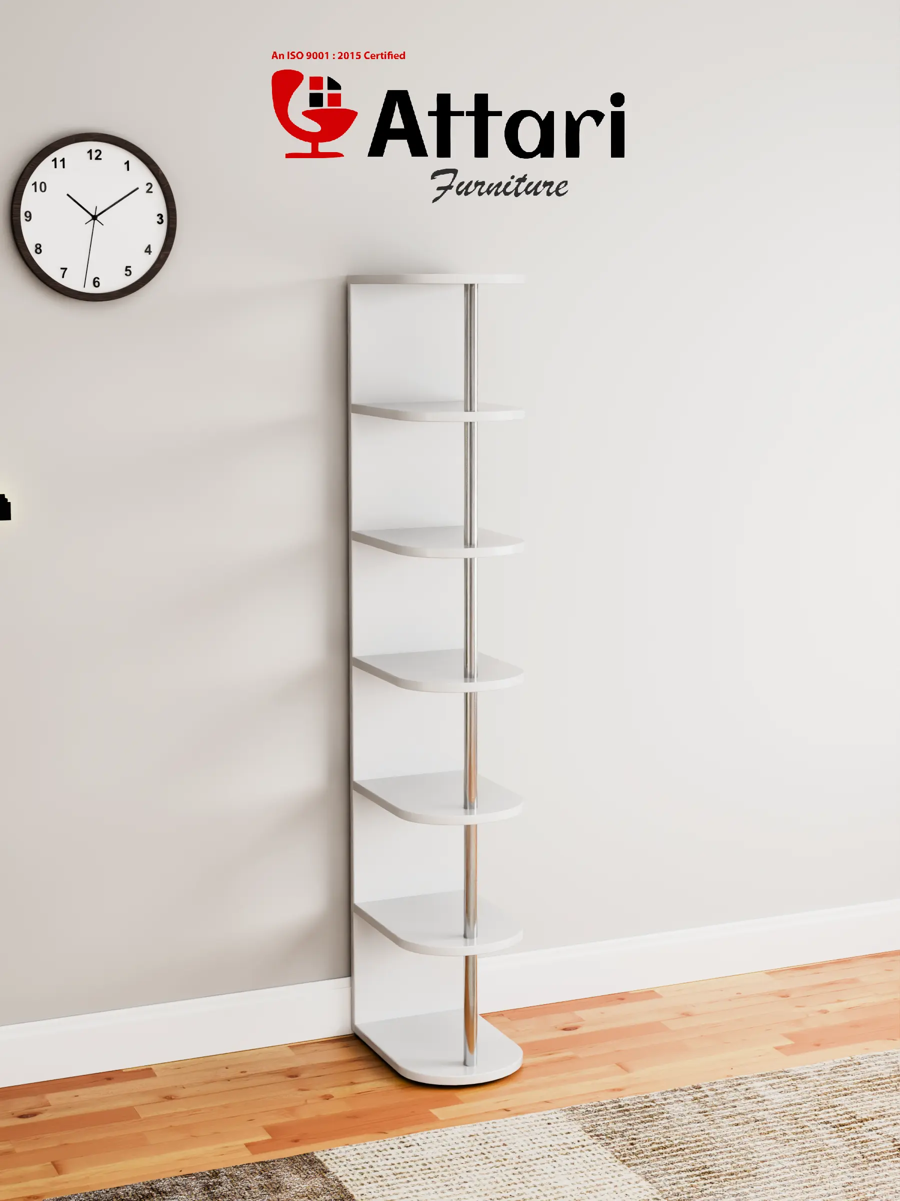 Attari Tall White Corner Display Shelf with Metal Pole