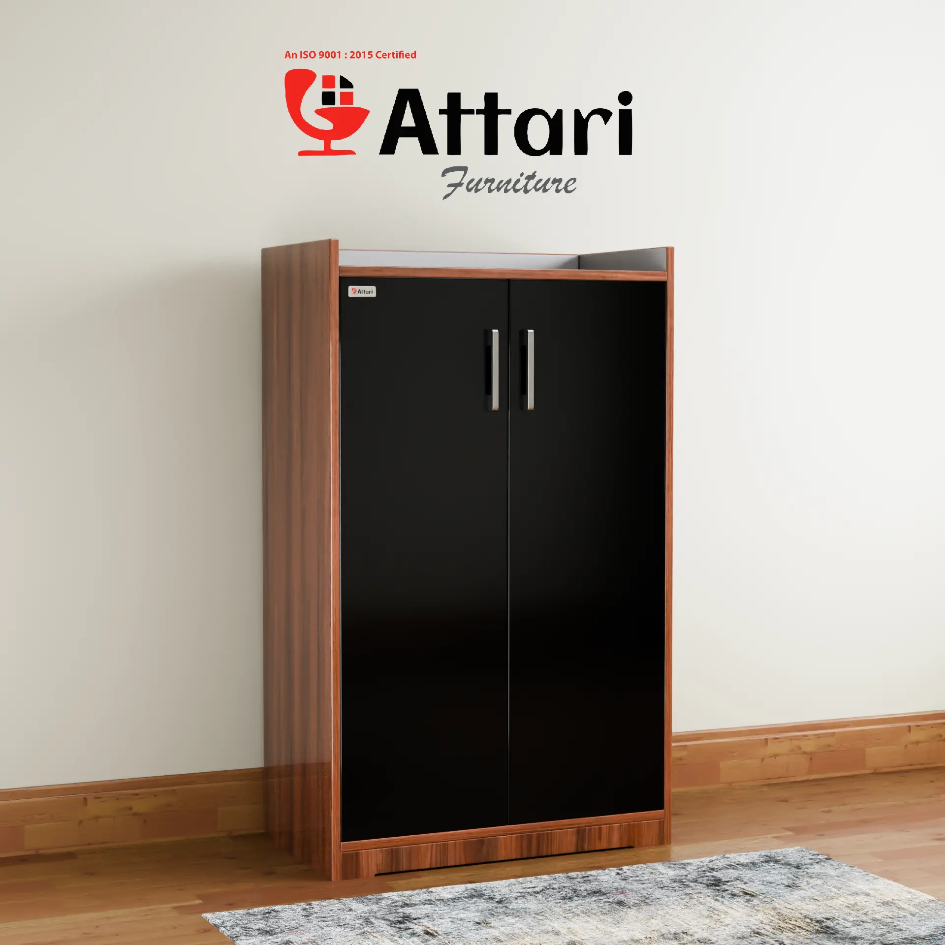 Attari Tall Wood & Black Two Door Shoe Cabinet