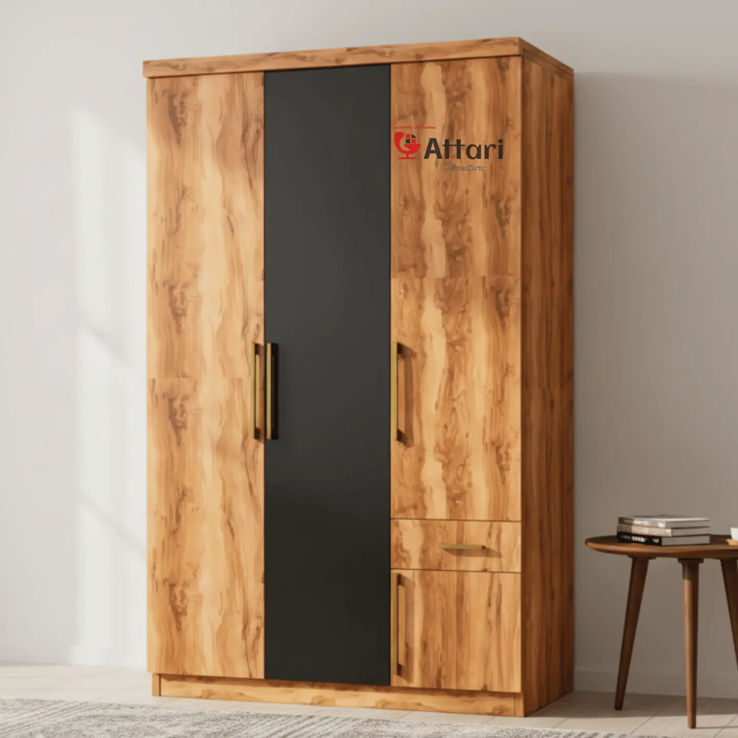 Attari Three Door Wardrobe Wood & Black with Drawer