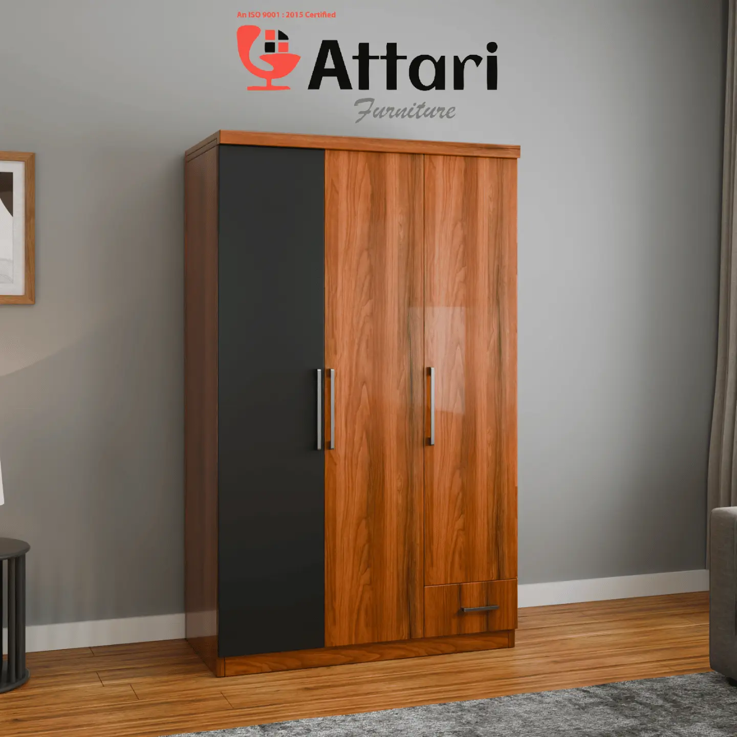 Attari Three Door Wardrobe Wood & Matte Black