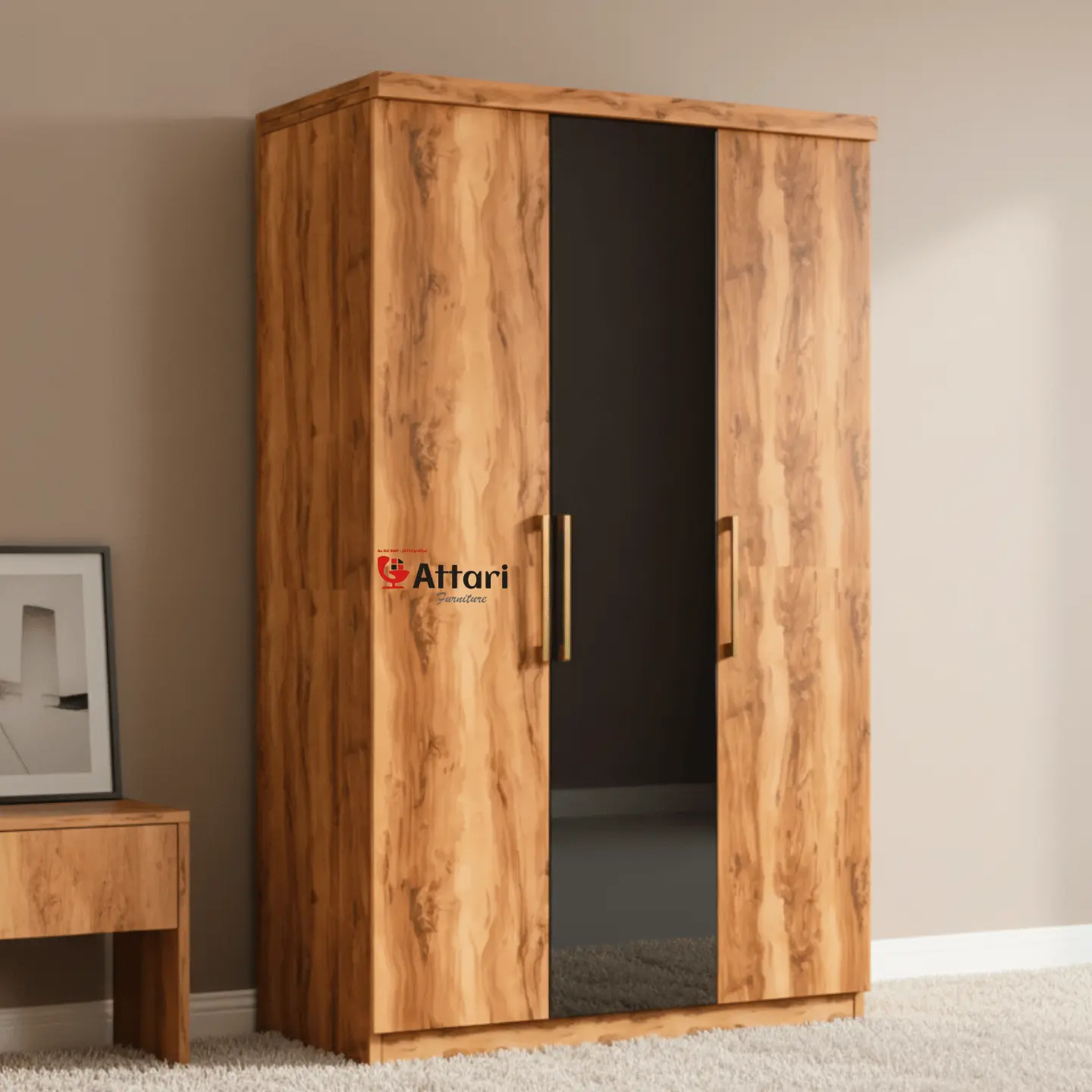 Attari Three Door Wardrobe Wood & Mirror Door