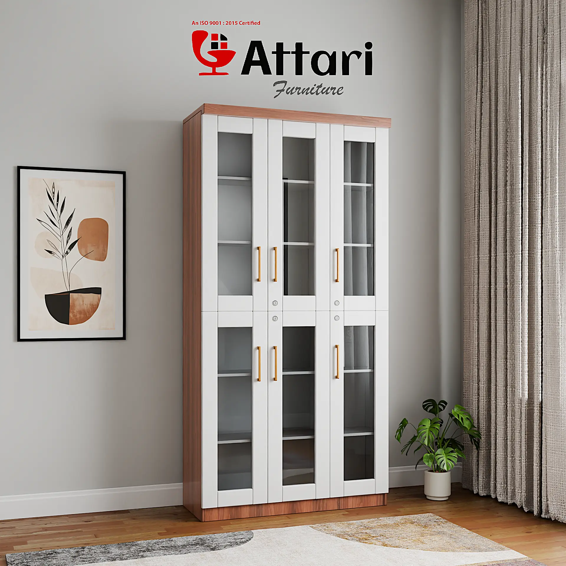 Attari Three Door White Bookshelf Cabinet with Glass Doors
