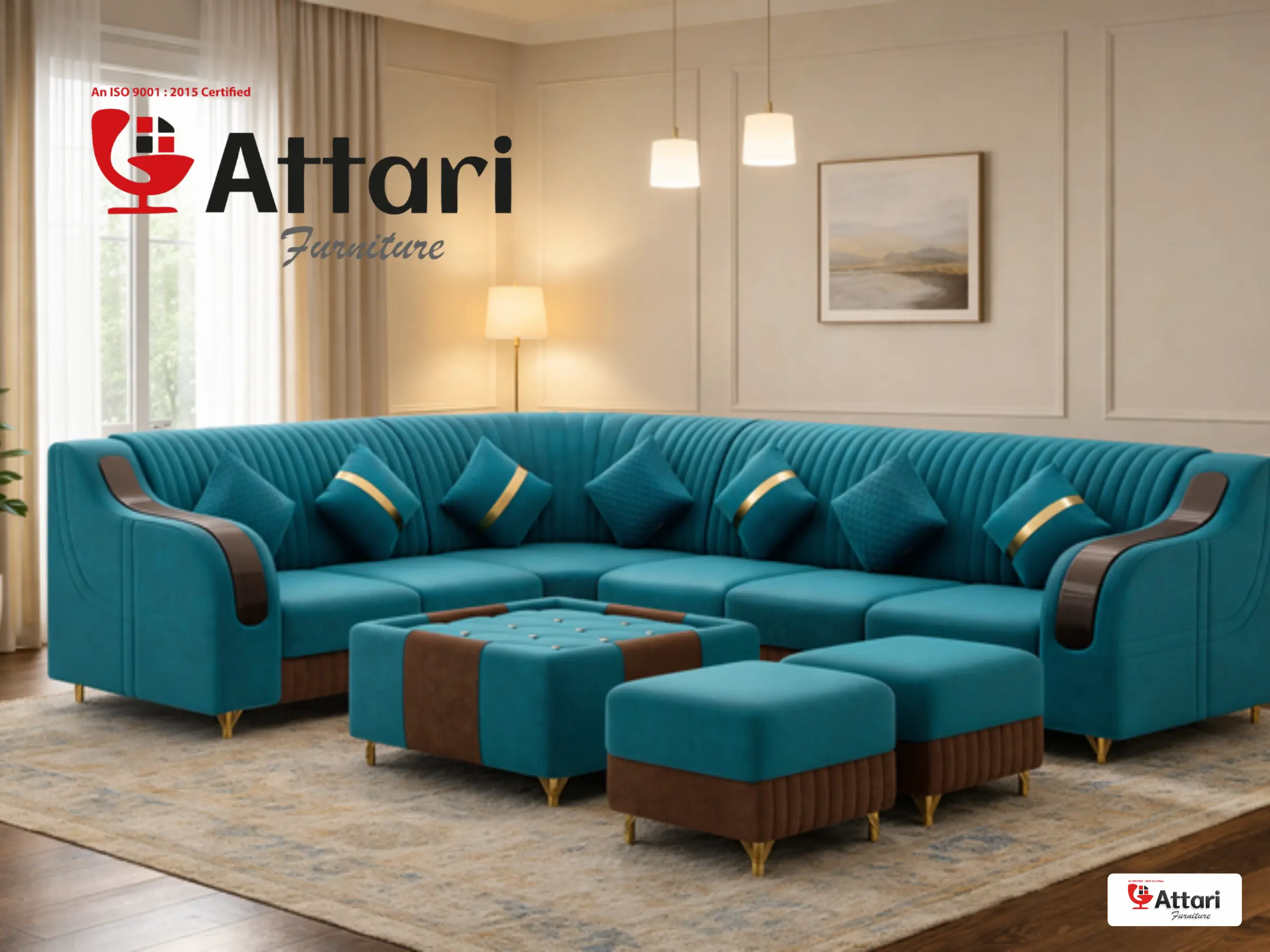 Attari Turquoise Blue Fabric L Shaped Sectional Sofa
