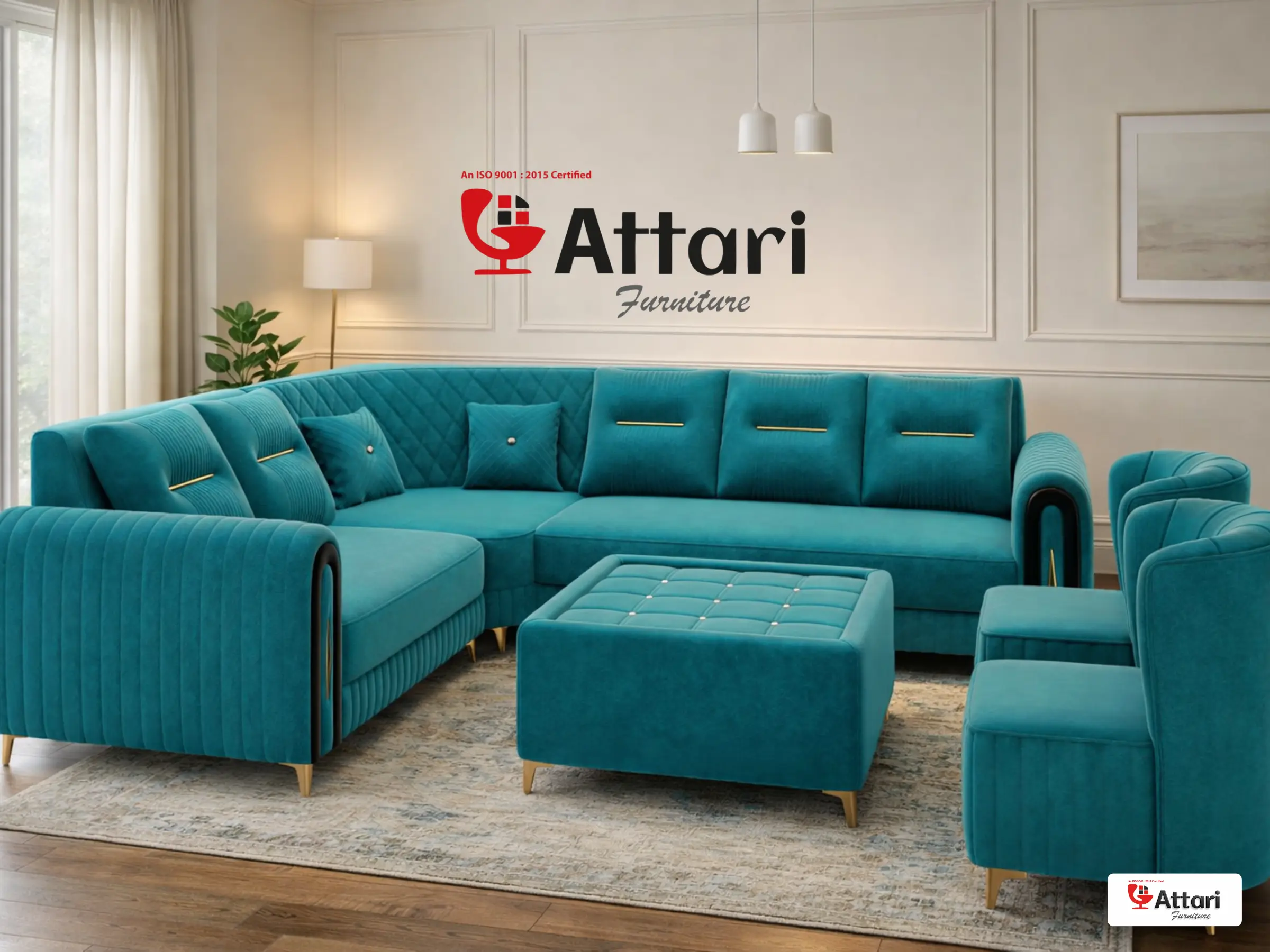 Attari Turquoise Blue Velvet L Shaped Sectional Sofa