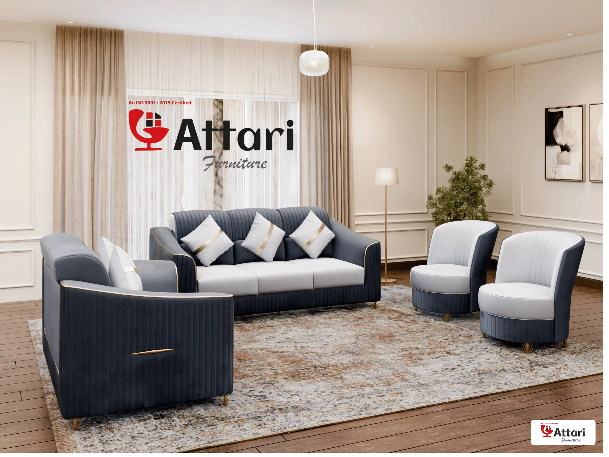 Attari Two Tone Dark Blue & White Velvet Sofa