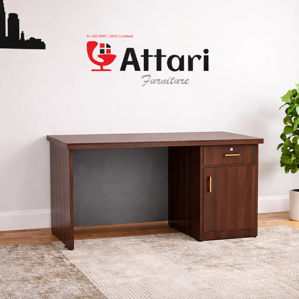 Attari Walnut Brown Office Desk Gold Handles