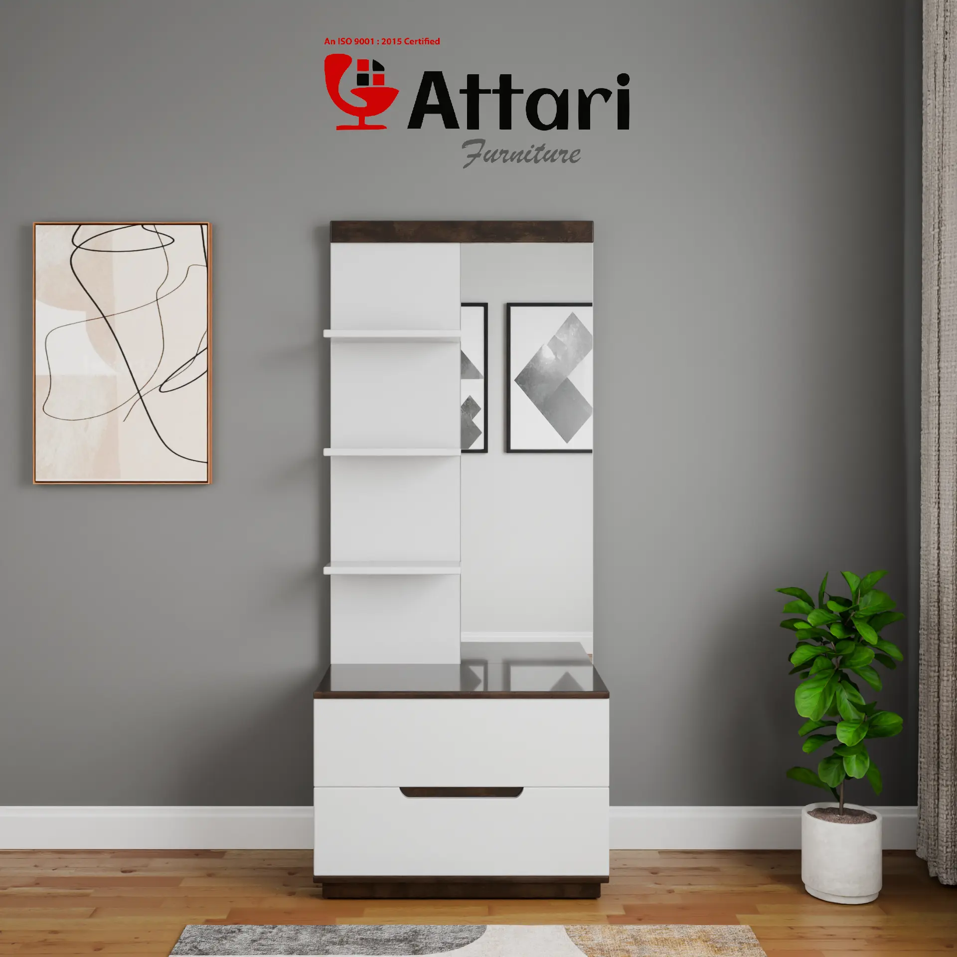 Attari White & Wood Dressing Table Tall Mirror Four Shelves Drawers
