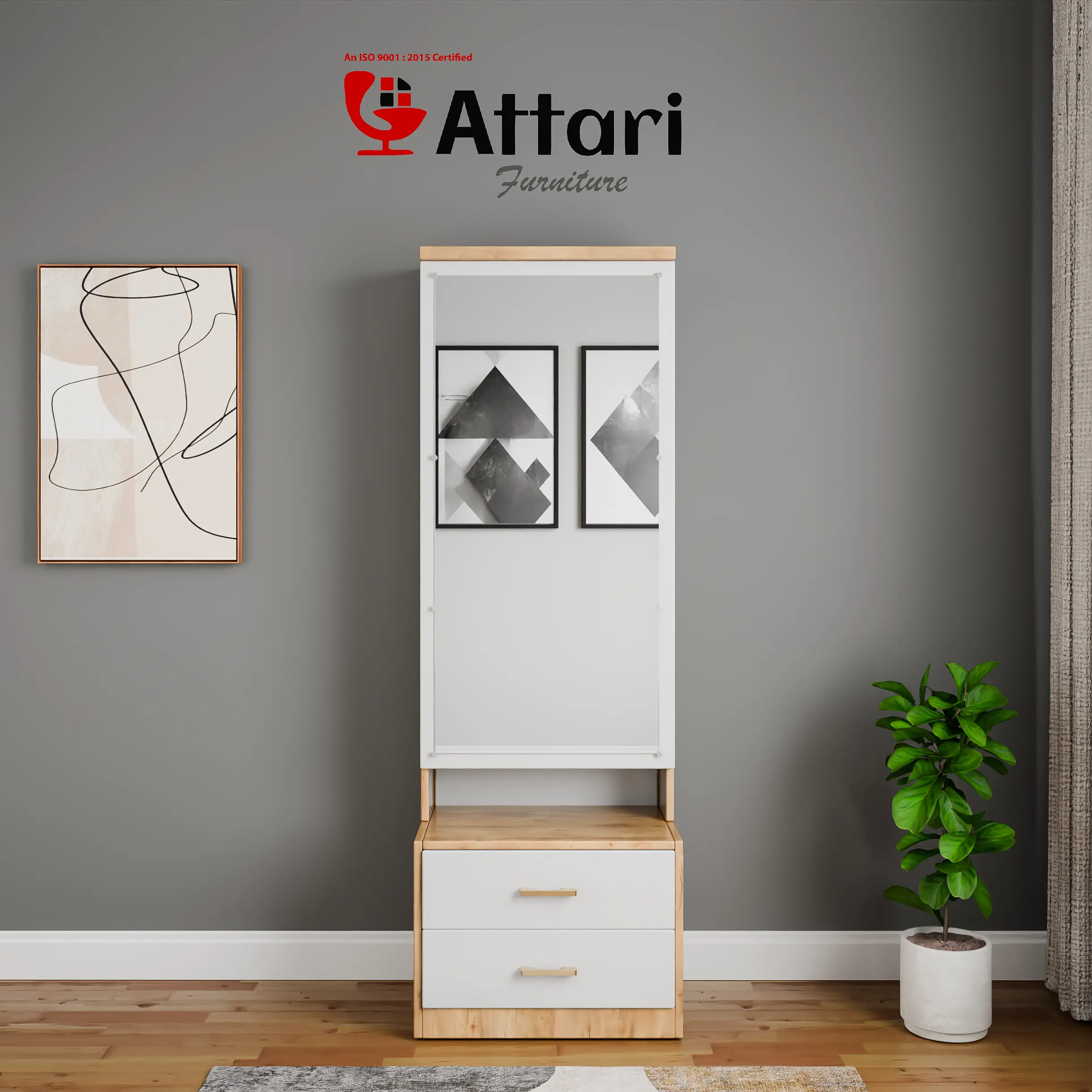 Attari White & Wood Dressing Table Tall Mirror Two Drawers