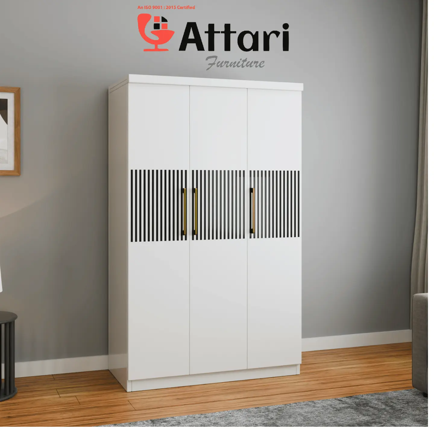 Attari White Three Door Wardrobe Black Slats