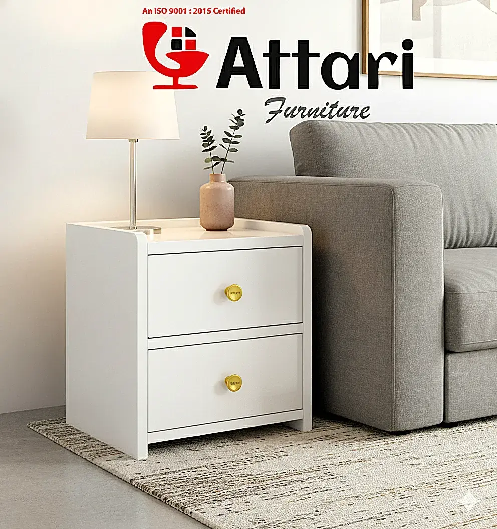 Attari White Two Drawer Bedside Table with Gold Knobs