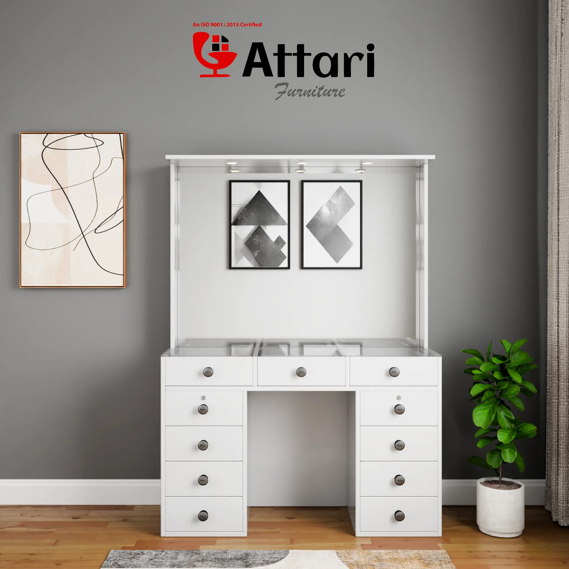 Attari White Vanity Desk Glass Top Eleven Drawers Lighted Mirror