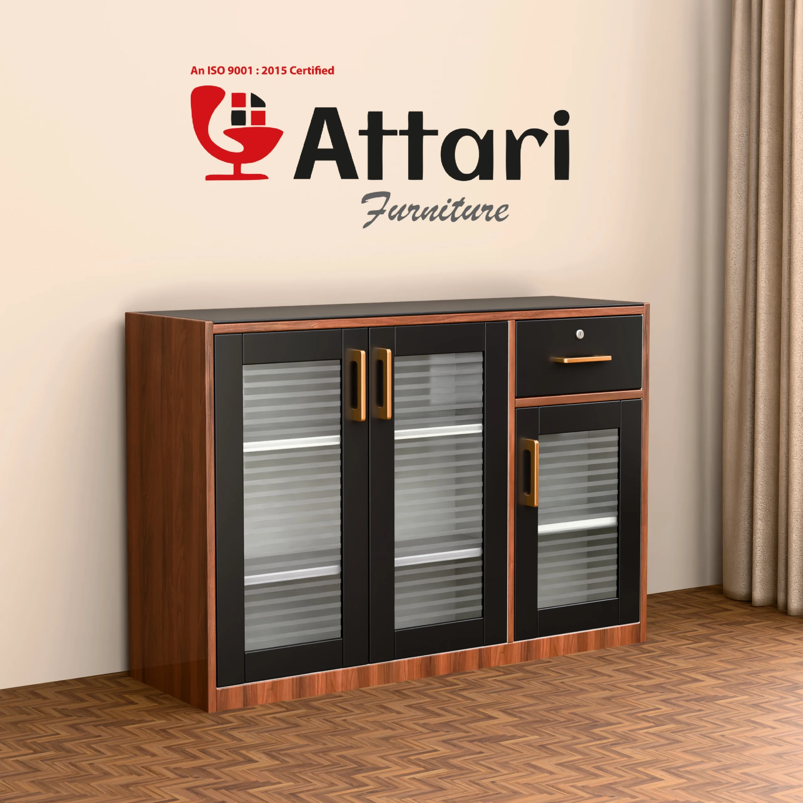 Attari Wood & Black Sideboard with Three Striped Glass Doors