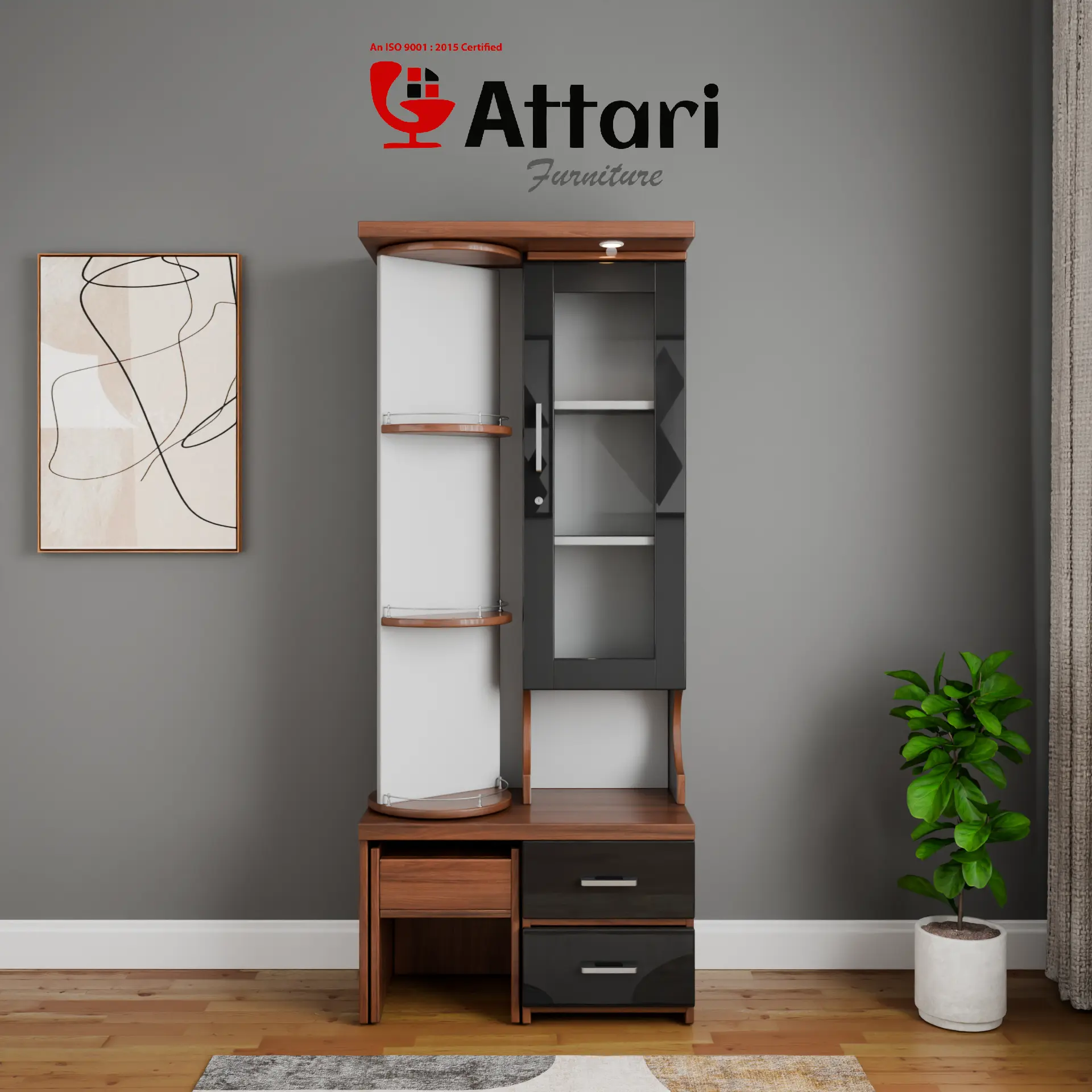 Attari Wood & Grey Vanity Desk Rotating Shelves Nesting Stool