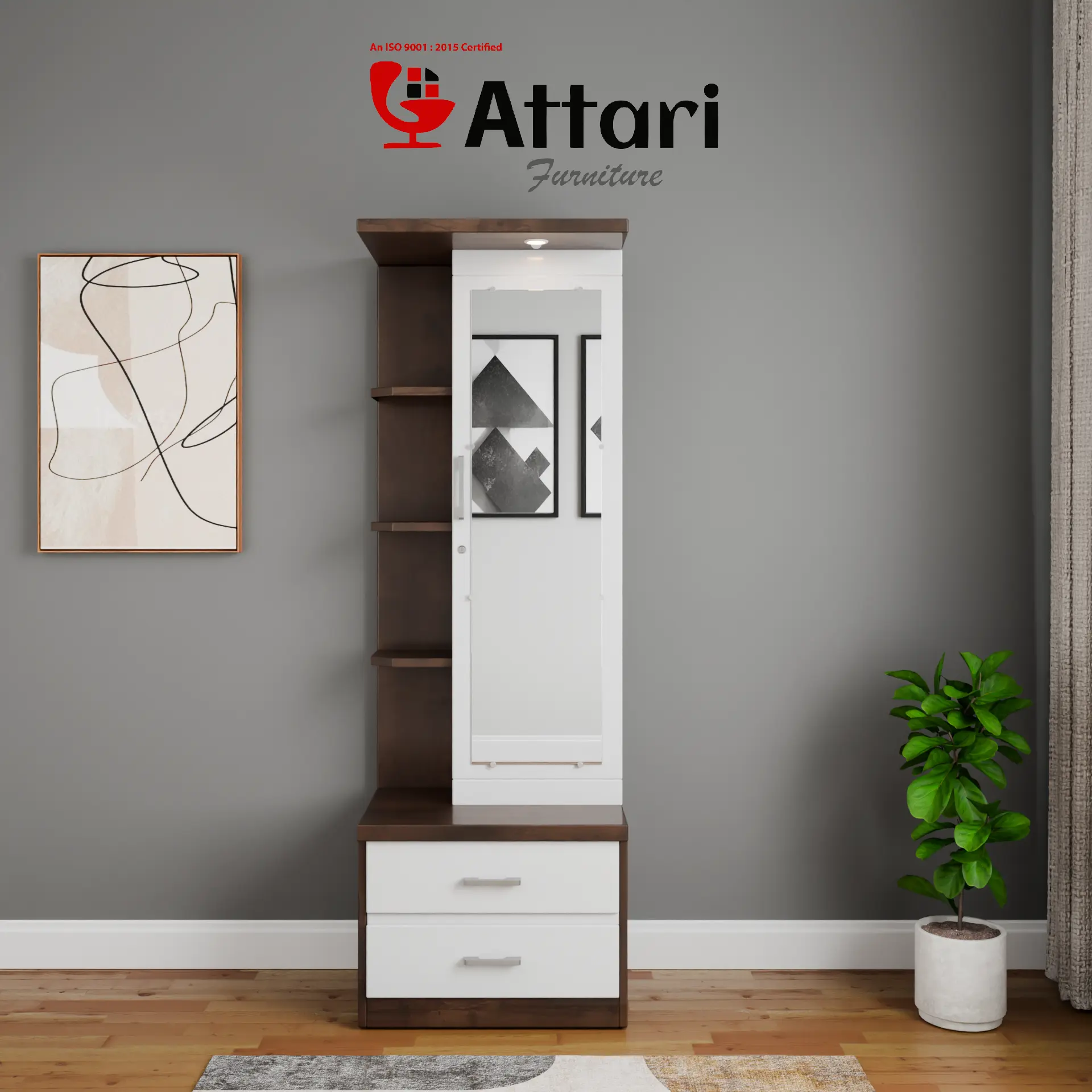 Attari Wood & White Dressing Table Tall Mirror Four Shelves
