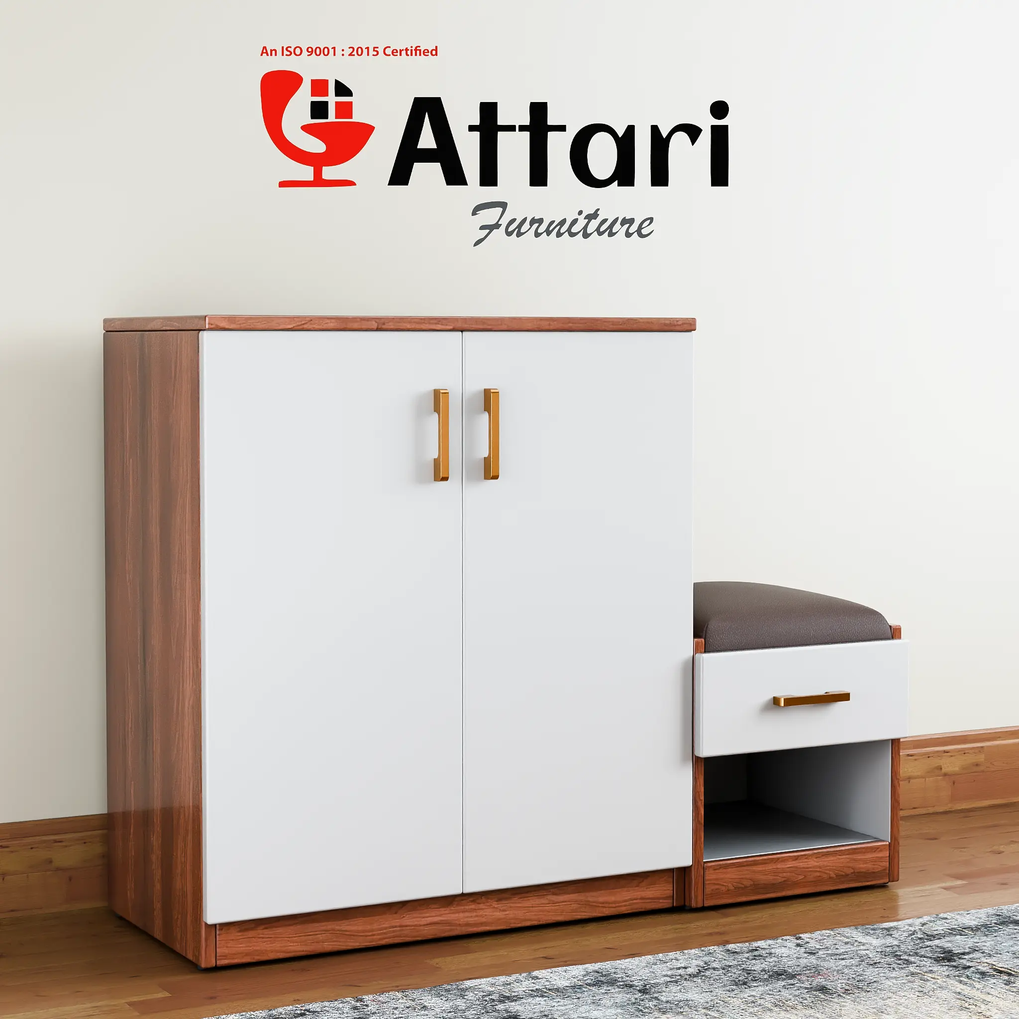 Attari Wood & White Two Door Shoe Cabinet with Padded Bench