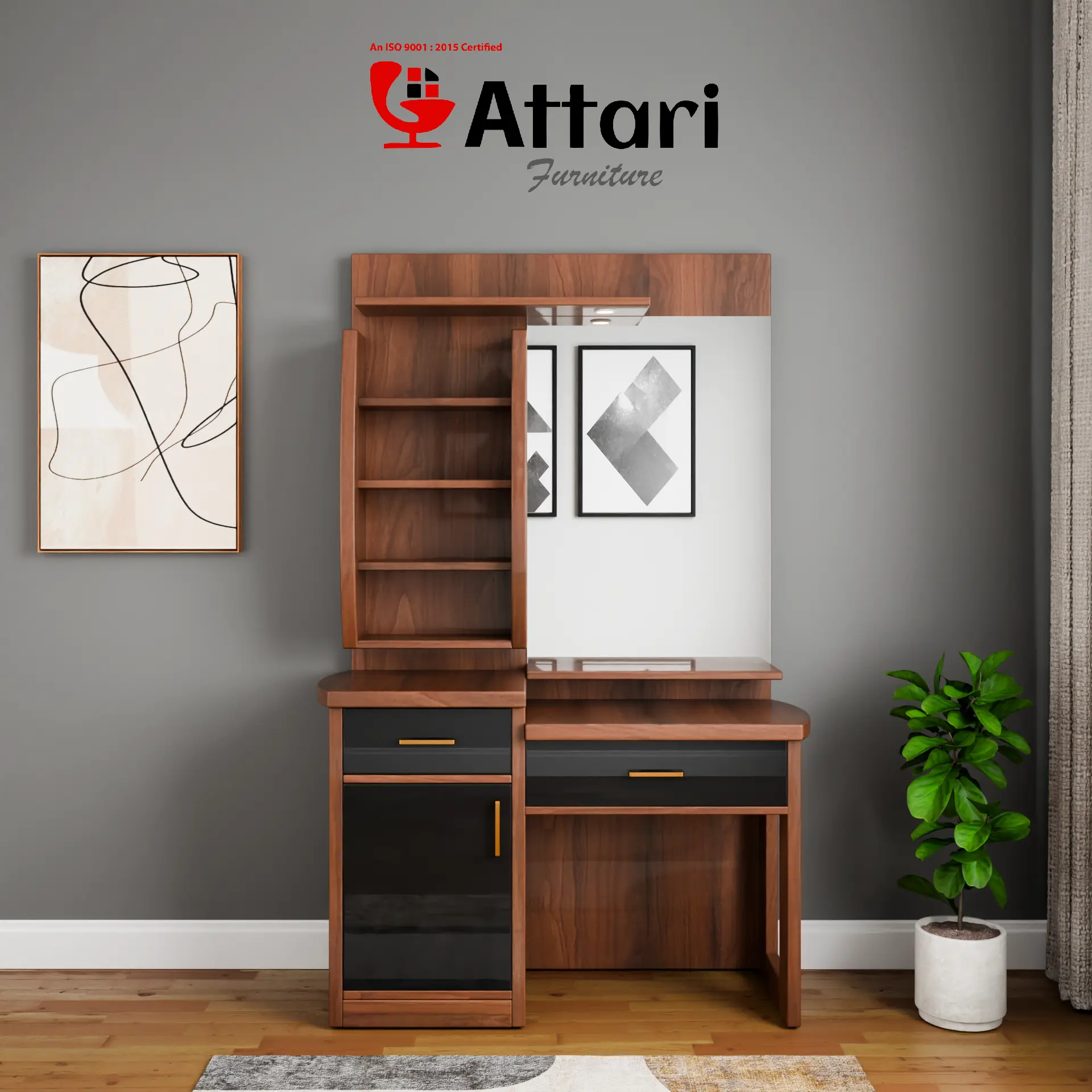 Attari Wooden Dressing Table Desk Shelves Black Drawers